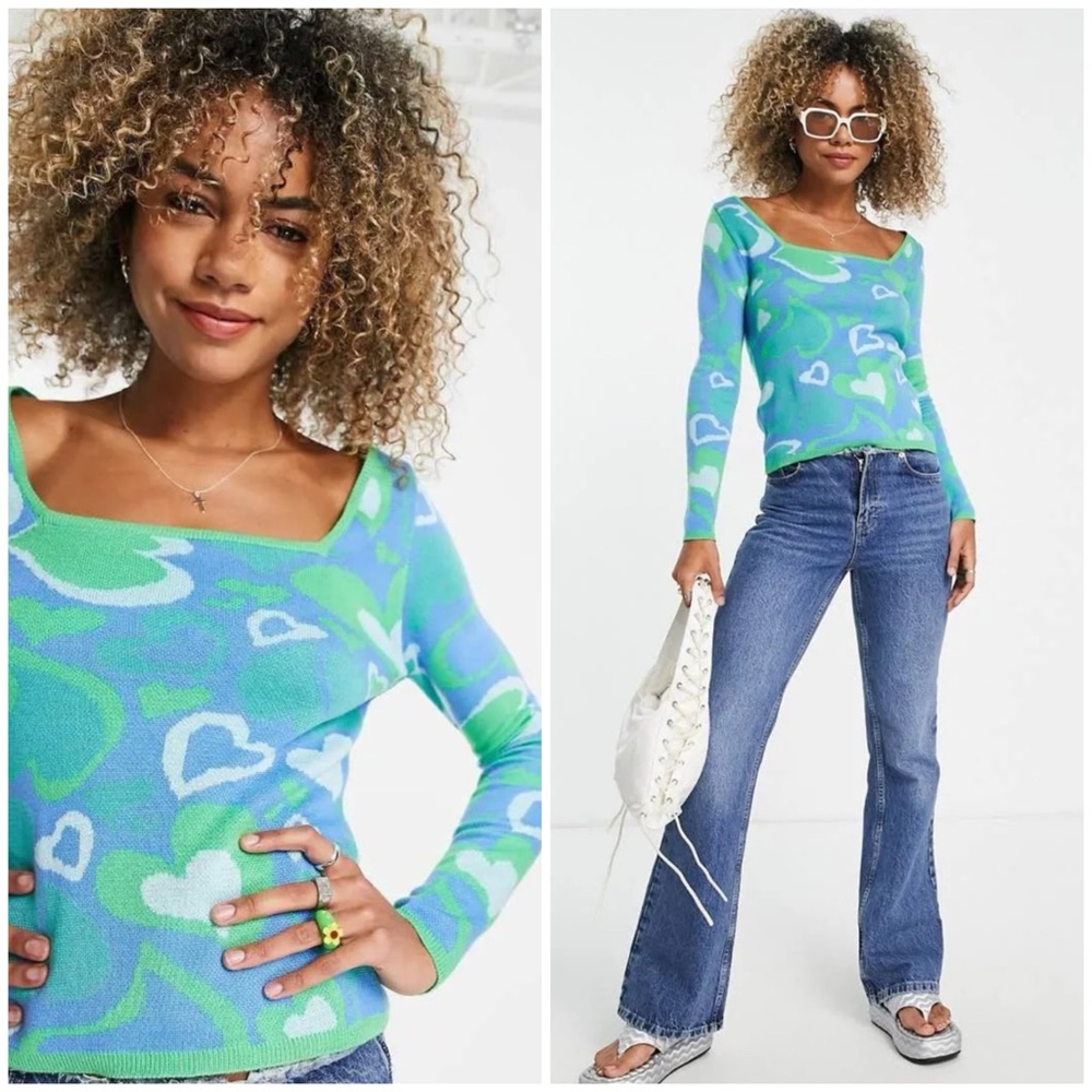 ASOS Blue and Green Heart Pattern fall Sweater